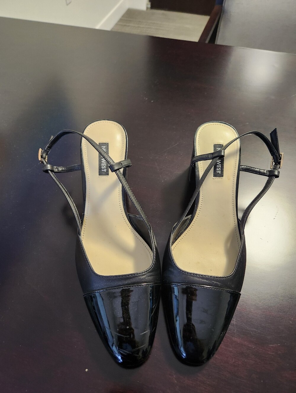 Nine West Black Patent Slingback Flats with Cap-Toe